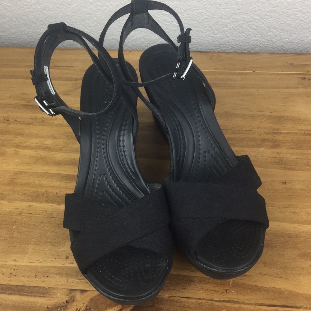 Crocs Black Leigh Cross Strap Ankle Wedge Heels 7